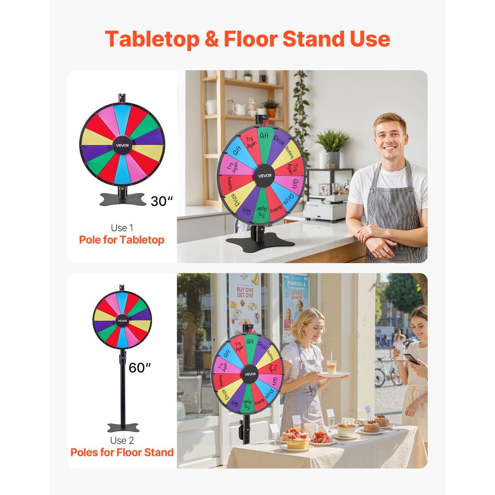 VEVOR 24 in Spinning Prize Wheel, 14 Slots Spinning Wheel with Stand, Adjustable Height Win Fortune Roulette with a Dry Erase and 2 Markers, 6 Colors, Easy Assembly, for Party Pub Trade Show Carnival