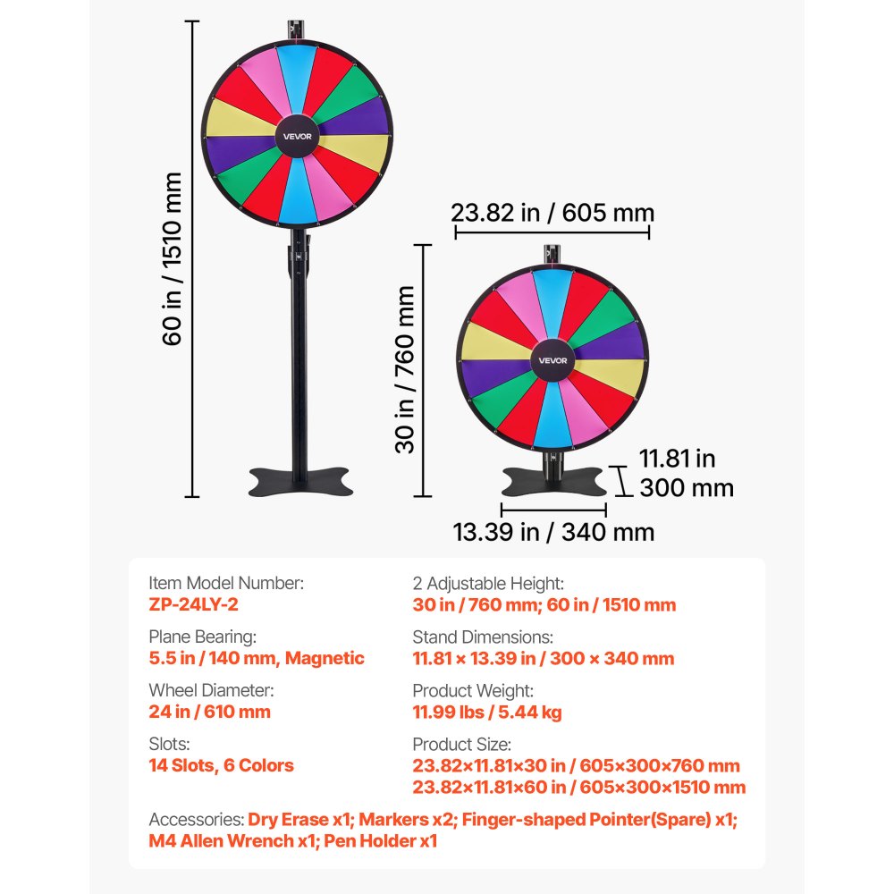 VEVOR 24 in Spinning Prize Wheel, 14 Slots Spinning Wheel with Stand, Adjustable Height Win Fortune Roulette with a Dry Erase and 2 Markers, 6 Colors, Easy Assembly, for Party Pub Trade Show Carnival