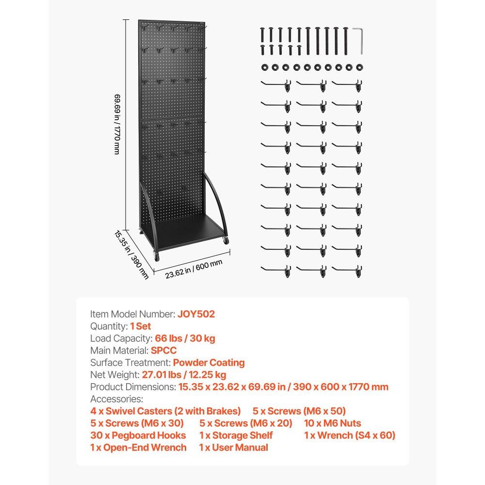 VEVOR Standing Pegboard Display with Base Plate, 23.7 x 66 in Pegboard Display Stand with Casters and 30 Hooks, Thickened Cold-Rolled Steel Peg Board Panel for Retail Store and Jewelry Shop, Black