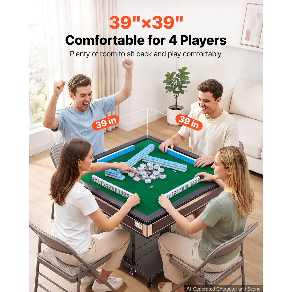 VEVOR Automatic Mahjong Table Roller Coaster Style 40 mm Folding Table&Base, Chinese/Filipino/American Mahjong, 2 Sets of 164 Tiles, 39 x 39 in, with 6 Wheels Hard Tabletop Cover Cup Holders, Wine Red