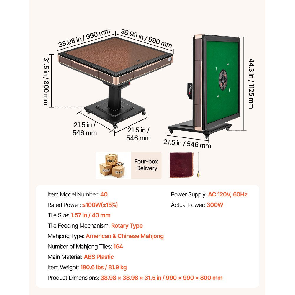 VEVOR Automatic Mahjong Table Roller Coaster Style 40 mm Folding Table, Chinese/Filipino/American Mahjong, 2 Sets of 164 Tiles, 39 x 39 in, with 4 Wheels, Hard Tabletop Cover, Cup Holders, Wine Red
