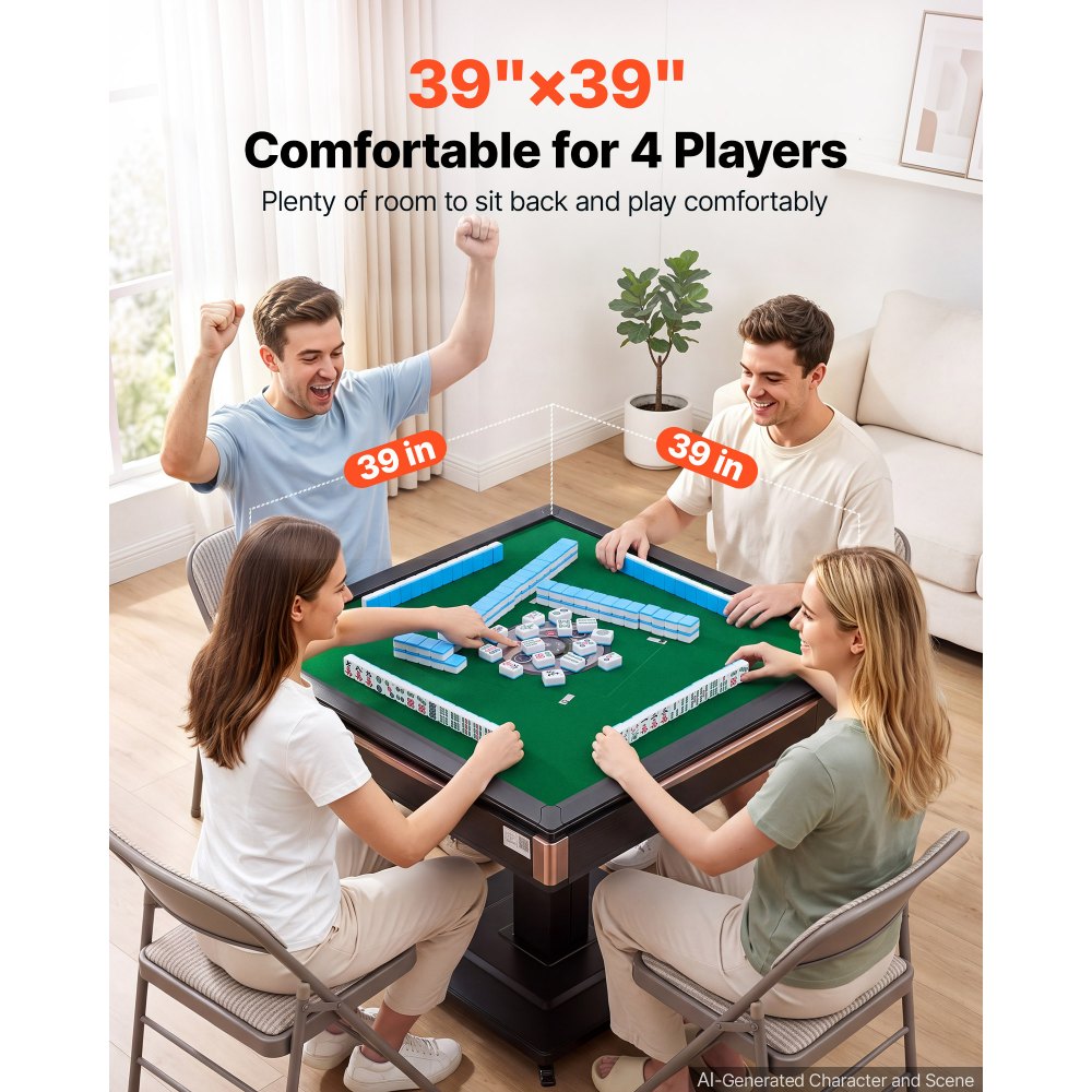 VEVOR Automatic Mahjong Table Roller Coaster Style 40 mm Folding Table, Chinese/Filipino/American Mahjong, 2 Sets of 164 Tiles, 39 x 39 in, with 4 Wheels, Hard Tabletop Cover, Cup Holders, Brown