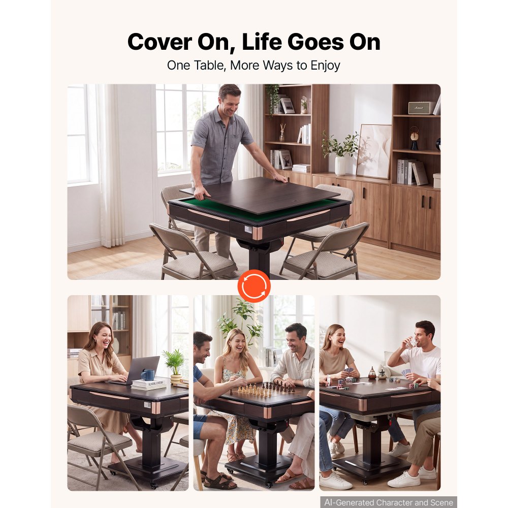 VEVOR Automatic Mahjong Table Roller Coaster Style 40 mm Folding Table, Chinese/Filipino/American Mahjong, 2 Sets of 164 Tiles, 39 x 39 in, with 4 Wheels, Hard Tabletop Cover, Cup Holders, Brown