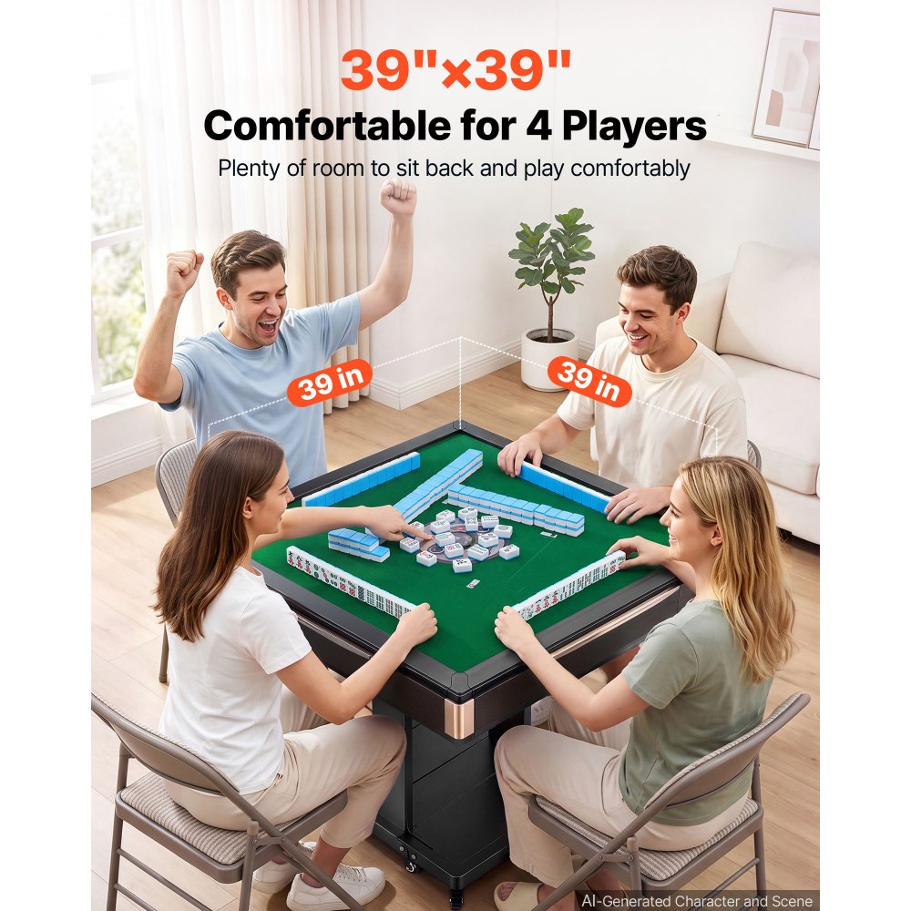 VEVOR Automatic Mahjong Table Roller Coaster Style 40 mm Folding Table&Base, Chinese/Filipino/American Mahjong, 2 Sets of 164 Tiles, 39 x 39 in, with 6 Wheels, Hard Tabletop Cover, Cup Holders, Brown