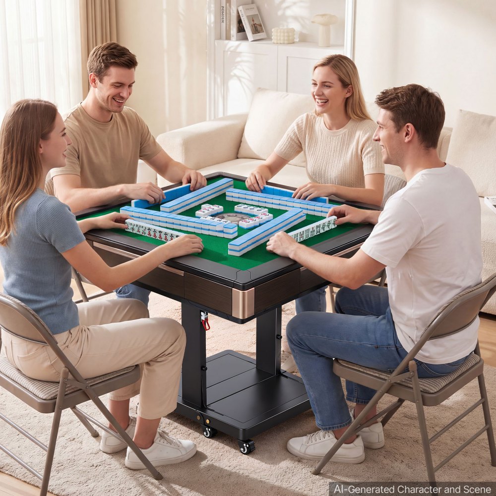 VEVOR Automatic Mahjong Table Roller Coaster Style 40 mm Folding Table&Base, Chinese/Filipino/American Mahjong, 2 Sets of 164 Tiles, 39 x 39 in, with 6 Wheels, Hard Tabletop Cover, Cup Holders, Brown