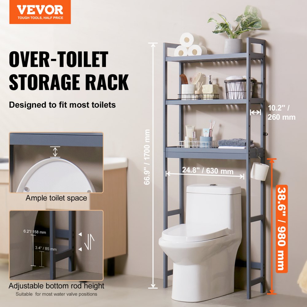 VEVOR Over the Toilet Storage, 3-Tier Adjustable Over Toilet Bathroom Organizer, Bamboo Storage Shelf Rack with 3 Hooks, Freestanding Easy Assembly Laundry Space Saver, Fit Most Toilets, Gray