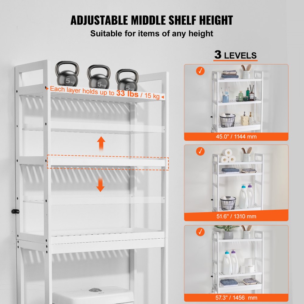 VEVOR Over the Toilet Storage, 3-Tier Adjustable Over Toilet Bathroom Organizer, Bamboo Storage Shelf Rack with 3 Hooks, Freestanding Easy Assembly Laundry Space Saver, Fit Most Toilets, White
