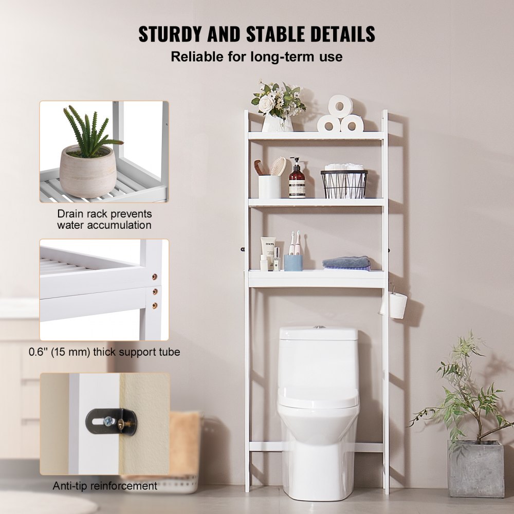 VEVOR Over the Toilet Storage, 3-Tier Adjustable Over Toilet Bathroom Organizer, Bamboo Storage Shelf Rack with 3 Hooks, Freestanding Easy Assembly Laundry Space Saver, Fit Most Toilets, White
