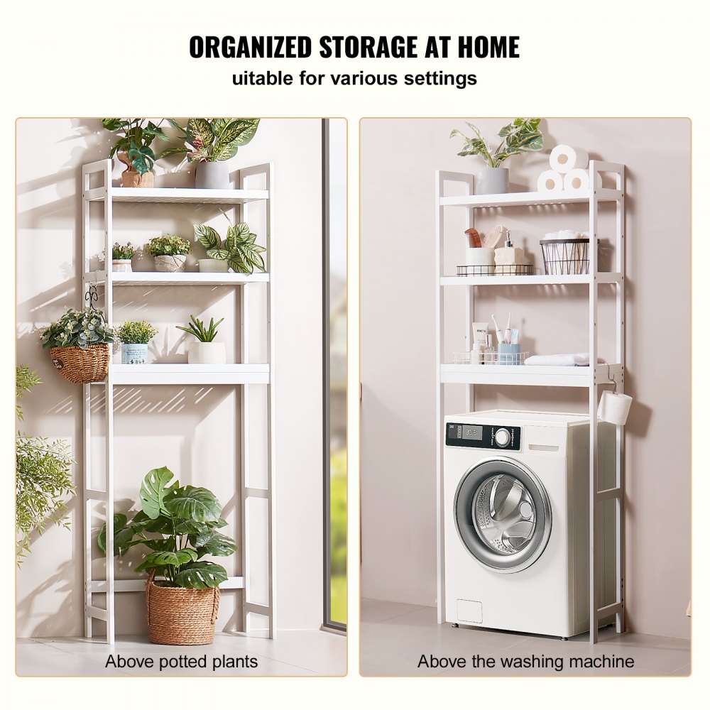 VEVOR Over the Toilet Storage, 3-Tier Adjustable Over Toilet Bathroom Organizer, Bamboo Storage Shelf Rack with 3 Hooks, Freestanding Easy Assembly Laundry Space Saver, Fit Most Toilets, White