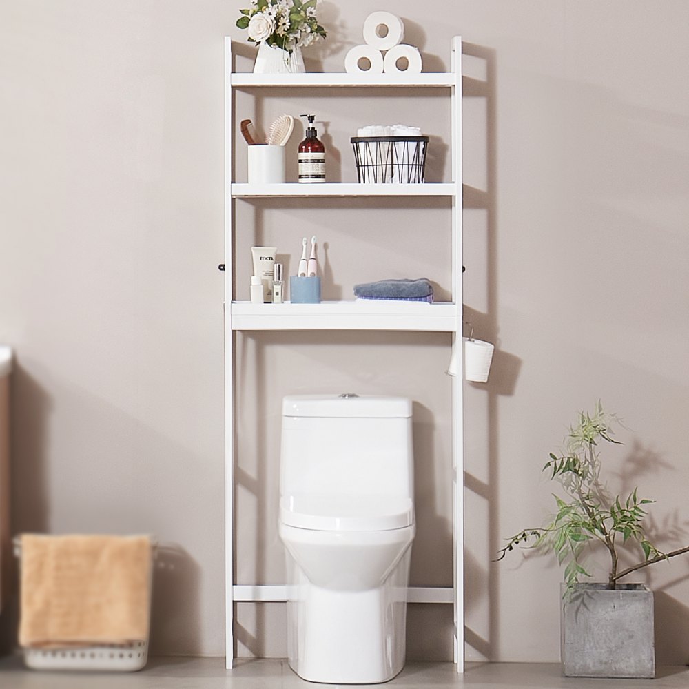 VEVOR Over the Toilet Storage, 3-Tier Adjustable Over Toilet Bathroom Organizer, Bamboo Storage Shelf Rack with 3 Hooks, Freestanding Easy Assembly Laundry Space Saver, Fit Most Toilets, White