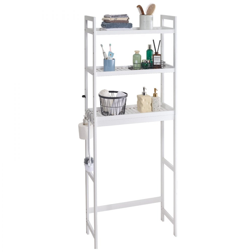 VEVOR Over the Toilet Storage, 3-Tier Adjustable Over Toilet Bathroom Organizer, Bamboo Storage Shelf Rack with 3 Hooks, Freestanding Easy Assembly Laundry Space Saver, Fit Most Toilets, White