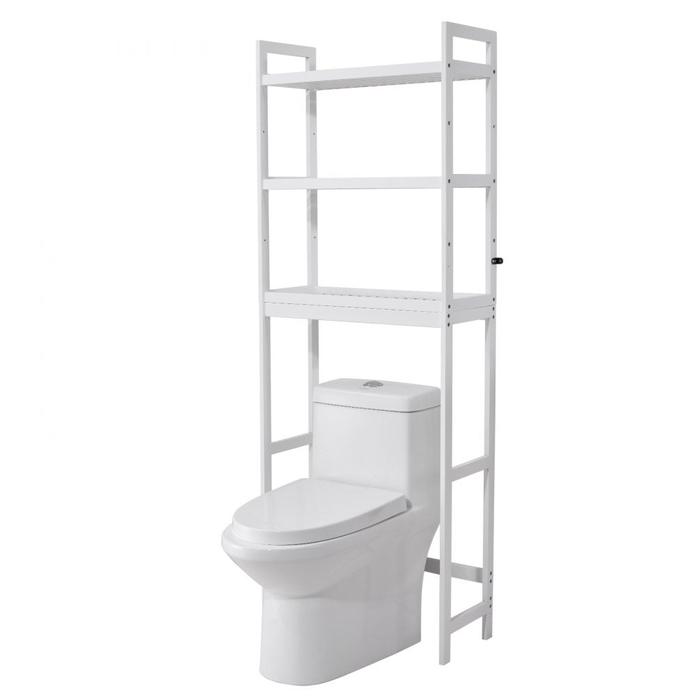 VEVOR Over the Toilet Storage, 3-Tier Adjustable Over Toilet Bathroom Organizer, Bamboo Storage Shelf Rack with 3 Hooks, Freestanding Easy Assembly Laundry Space Saver, Fit Most Toilets, White