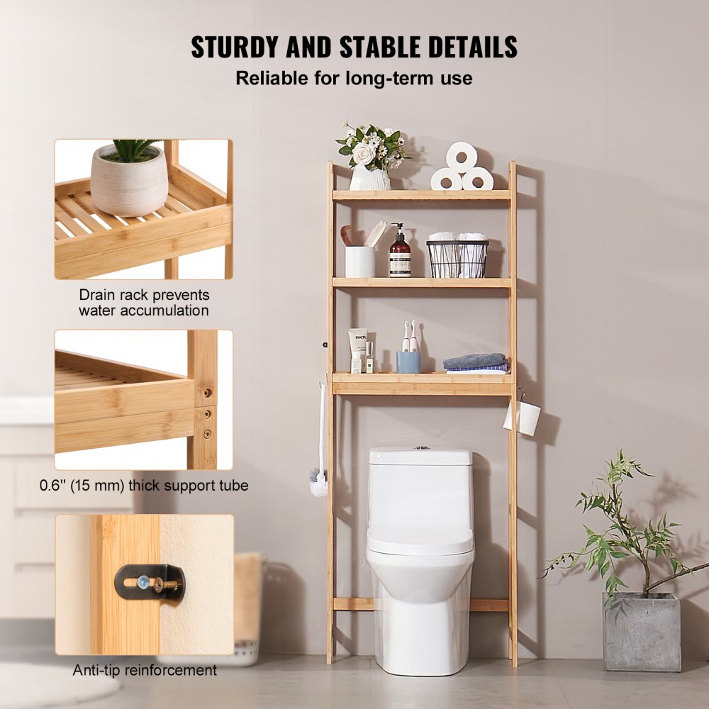 VEVOR Over the Toilet Storage, 3-Tier Adjustable Over Toilet Bathroom Organizer, Bamboo Storage Shelf Rack with 3 Hooks, Freestanding Easy Assembly Laundry Space Saver, Fit Most Toilets