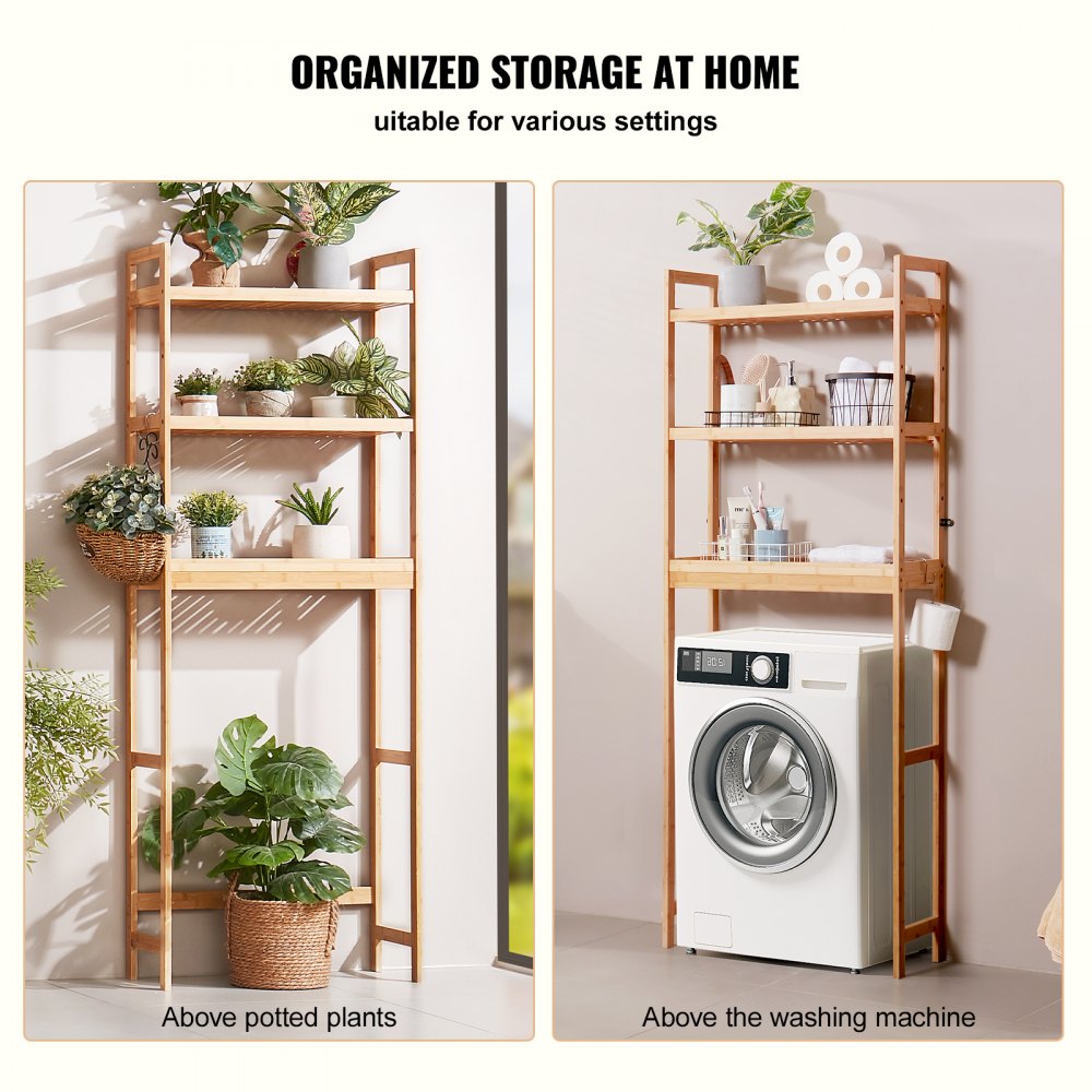 VEVOR Over the Toilet Storage, 3-Tier Adjustable Over Toilet Bathroom Organizer, Bamboo Storage Shelf Rack with 3 Hooks, Freestanding Easy Assembly Laundry Space Saver, Fit Most Toilets