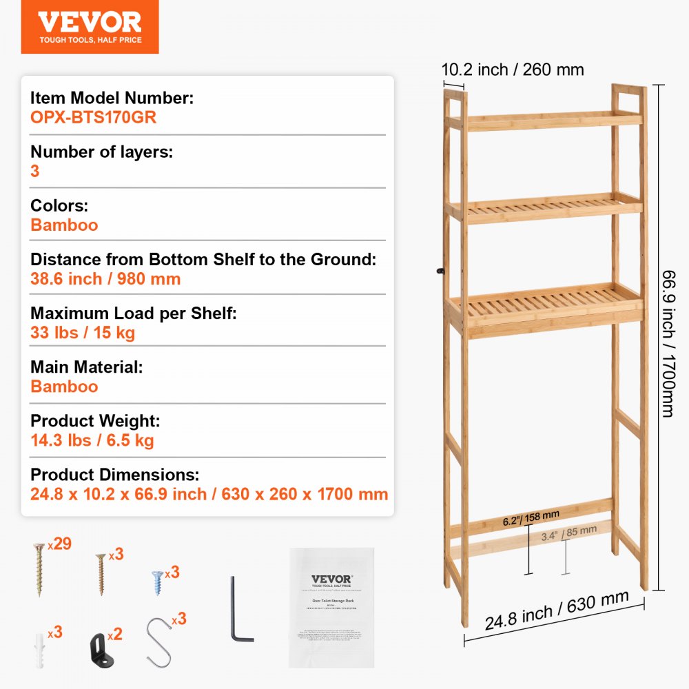 VEVOR Over the Toilet Storage, 3-Tier Adjustable Over Toilet Bathroom Organizer, Bamboo Storage Shelf Rack with 3 Hooks, Freestanding Easy Assembly Laundry Space Saver, Fit Most Toilets