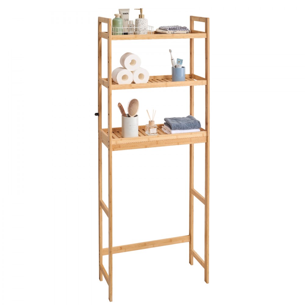 VEVOR Over the Toilet Storage, 3-Tier Adjustable Over Toilet Bathroom Organizer, Bamboo Storage Shelf Rack with 3 Hooks, Freestanding Easy Assembly Laundry Space Saver, Fit Most Toilets