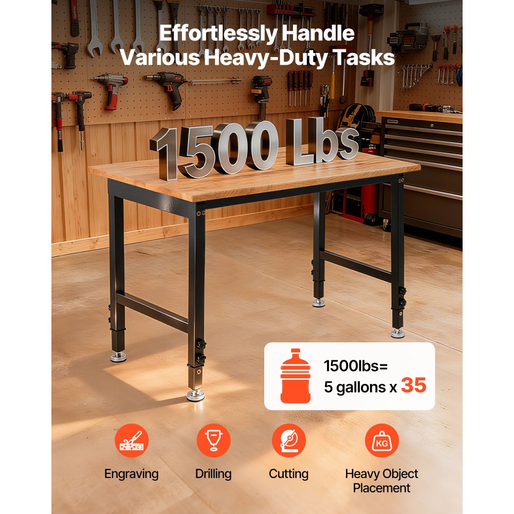 VEVOR Adjustable Workbench, 1500 lbs Capacity, 48 x 24 Inch Oak Wood Top Workbench with 26.3-40.2 Inch Height Adjustment, Heavy-Duty Hardwood Worktable for Garage, Workshop, Home, Office, Commercial