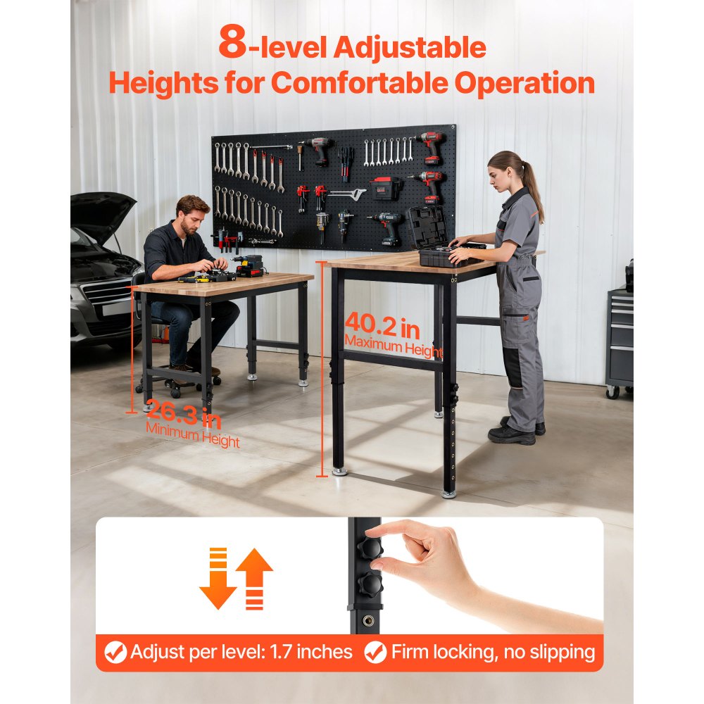 VEVOR Adjustable Workbench, 1500 lbs Capacity, 48 x 24 Inch Oak Wood Top Workbench with 26.3-40.2 Inch Height Adjustment, Heavy-Duty Hardwood Worktable for Garage, Workshop, Home, Office, Commercial