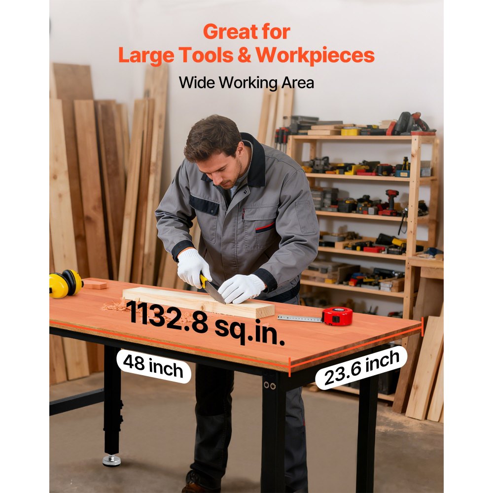 VEVOR Adjustable Workbench, 1500 lbs Capacity, 48 x 24 Inch Oak Wood Top Workbench with 26.3-40.2 Inch Height Adjustment, Heavy-Duty Hardwood Worktable for Garage, Workshop, Home, Office, Commercial