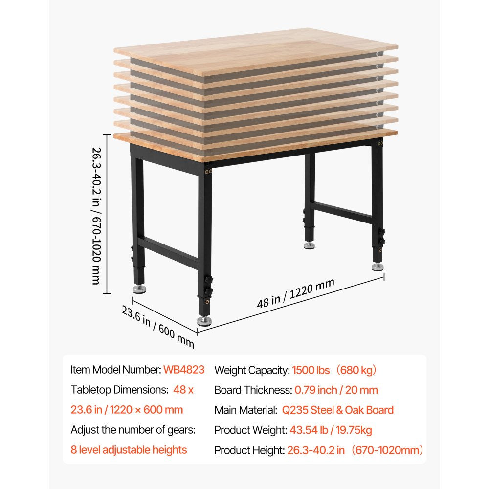 VEVOR Adjustable Workbench, 1500 lbs Capacity, 48 x 24 Inch Oak Wood Top Workbench with 26.3-40.2 Inch Height Adjustment, Heavy-Duty Hardwood Worktable for Garage, Workshop, Home, Office, Commercial