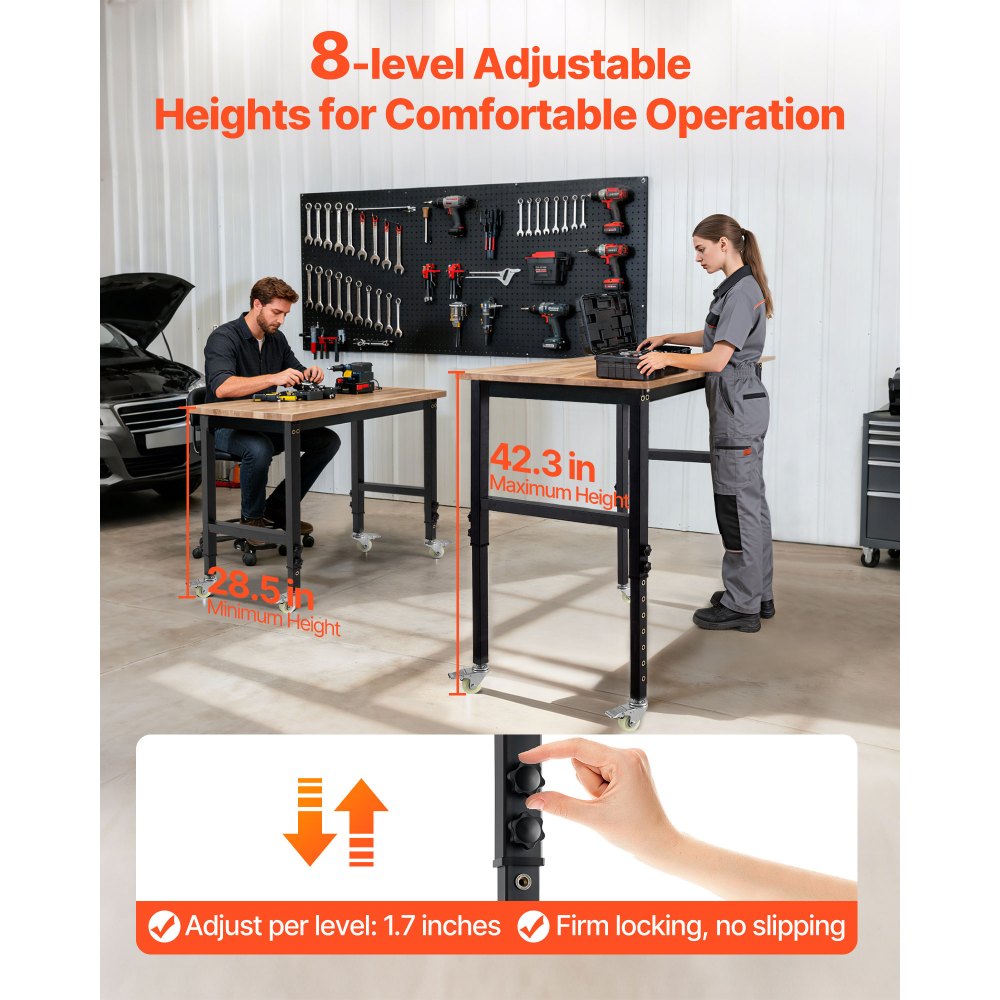 VEVOR Adjustable Workbench on Wheels, 1500 lbs Capacity, 48 x 24 Inch Oak Wood Top Workbench with 28.5-42.3 Inch Height Adjustment, Heavy-Duty Hardwood Worktable for Garage, Workshop, Home, Office
