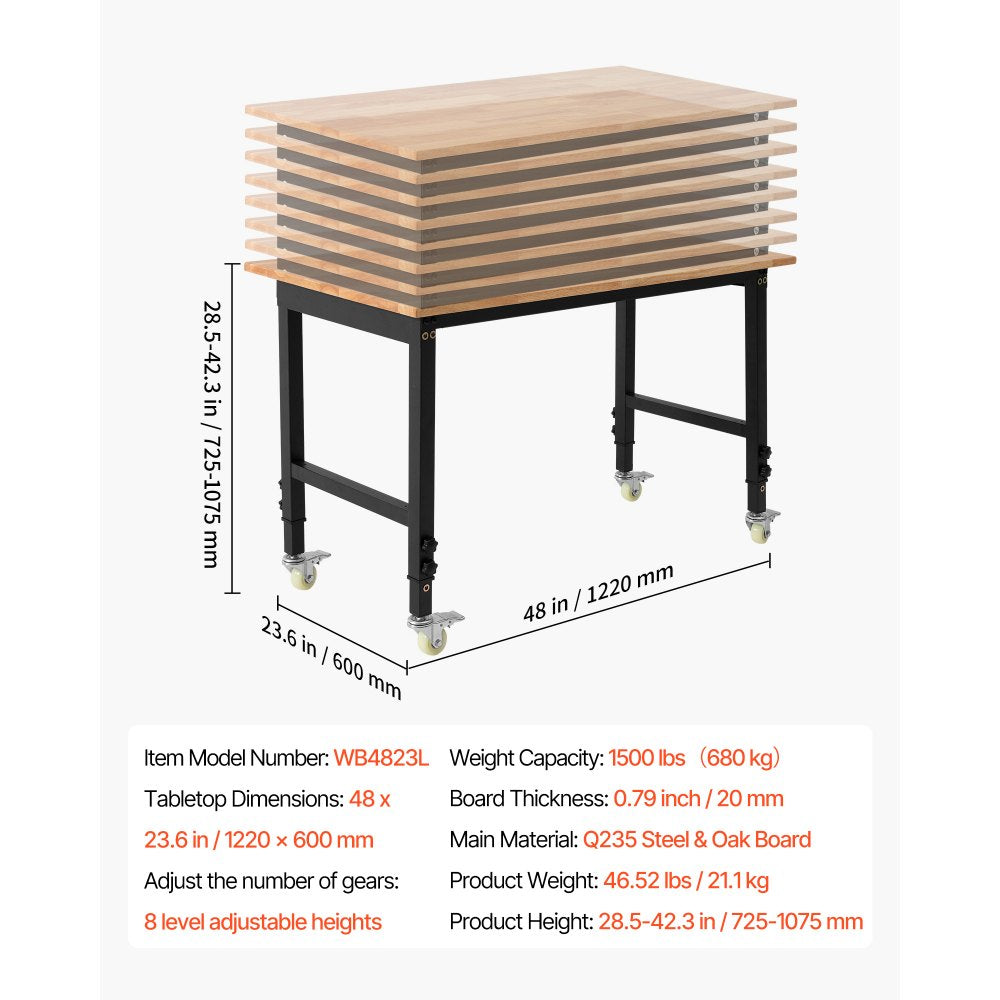 VEVOR Adjustable Workbench on Wheels, 1500 lbs Capacity, 48 x 24 Inch Oak Wood Top Workbench with 28.5-42.3 Inch Height Adjustment, Heavy-Duty Hardwood Worktable for Garage, Workshop, Home, Office