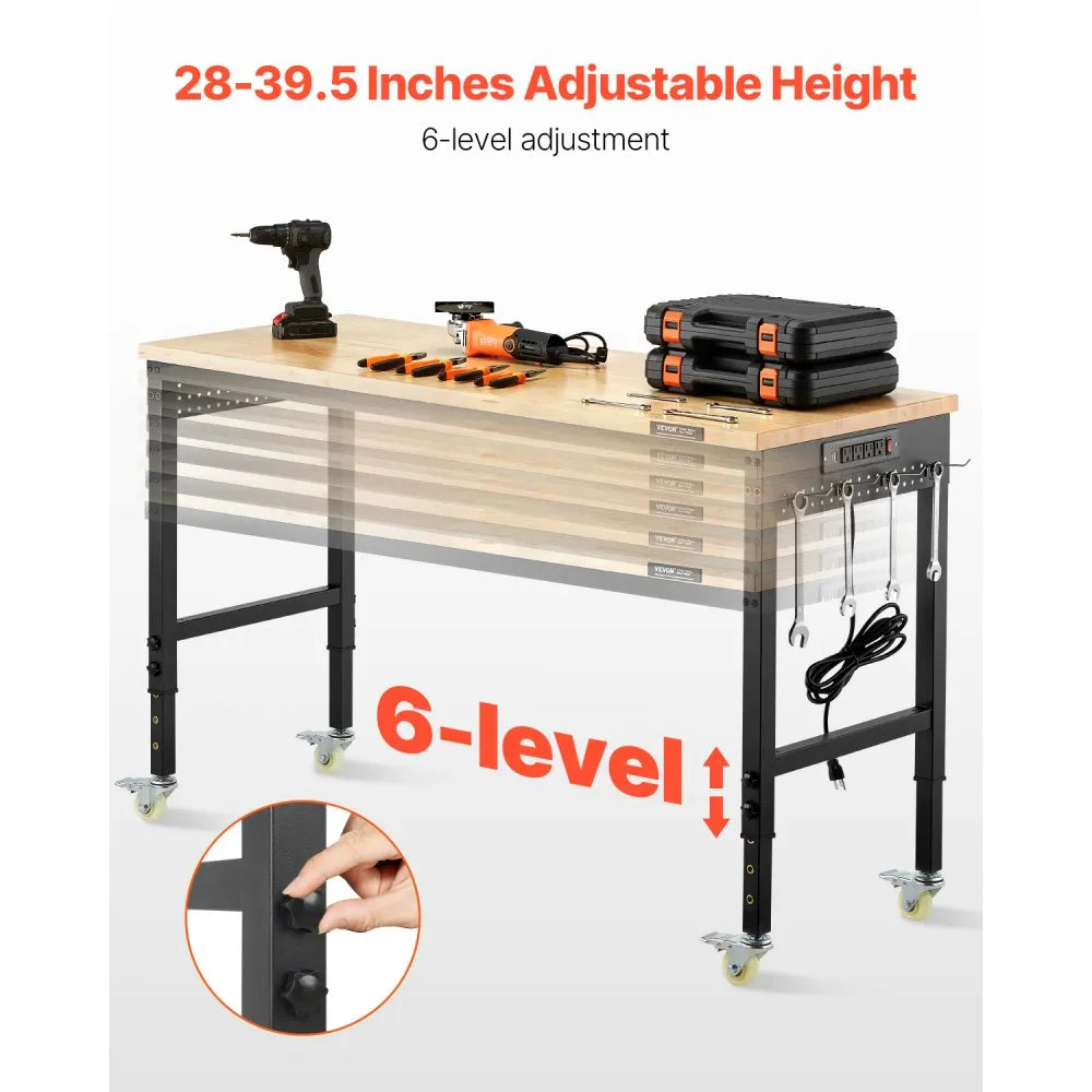 VEVOR 60-Inch Adjustable Workbench, 2000 lbs Load, Work Bench with Power Outlet, Wheels, and Pegboard, Heavy Duty Oak Wood Top Work Table for Garage, Workshop, Office, and Home