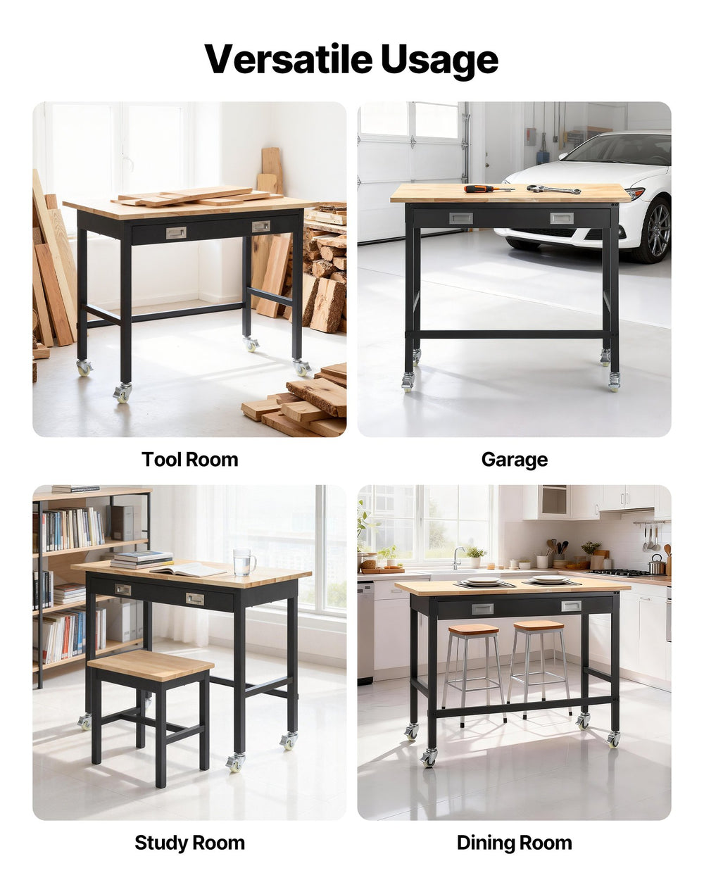 VEVOR workbench versatile usage scenes (tool room, garage, study room, dining room)