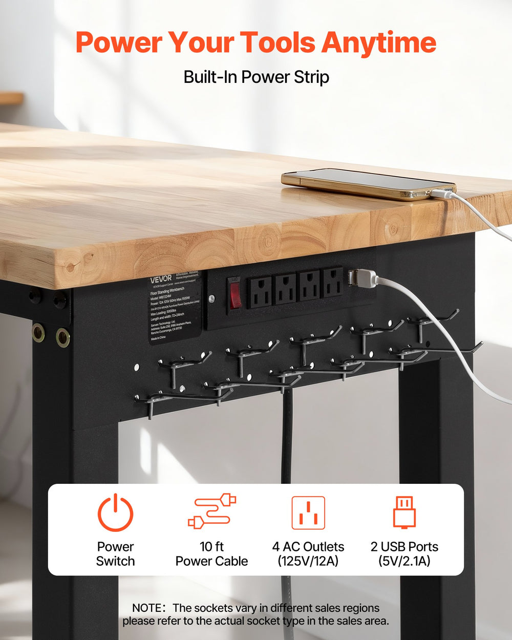 VEVOR Adjustable Workbench, 5000 lbs Capacity, 72 x 24 Inch Oak Wood Top Workstation with 4 AC Outlets & 2 USB Ports, Heavy-Duty Hardwood Worktable for Garage, Workshop, Home, Office, Commercial