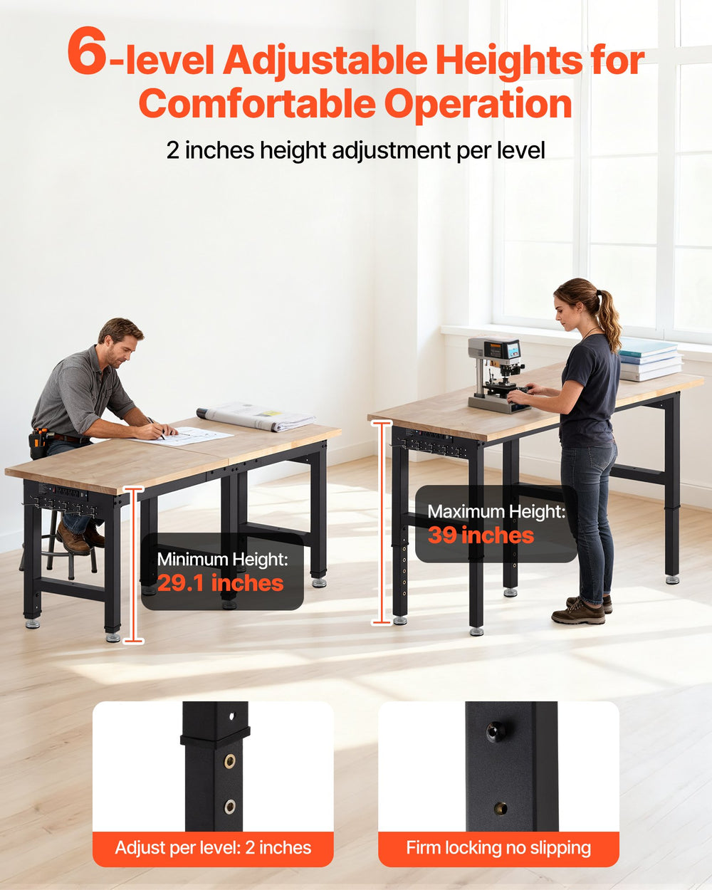 VEVOR Adjustable Workbench, 5000 lbs Capacity, 72 x 24 Inch Oak Wood Top Workstation with 4 AC Outlets & 2 USB Ports, Heavy-Duty Hardwood Worktable for Garage, Workshop, Home, Office, Commercial