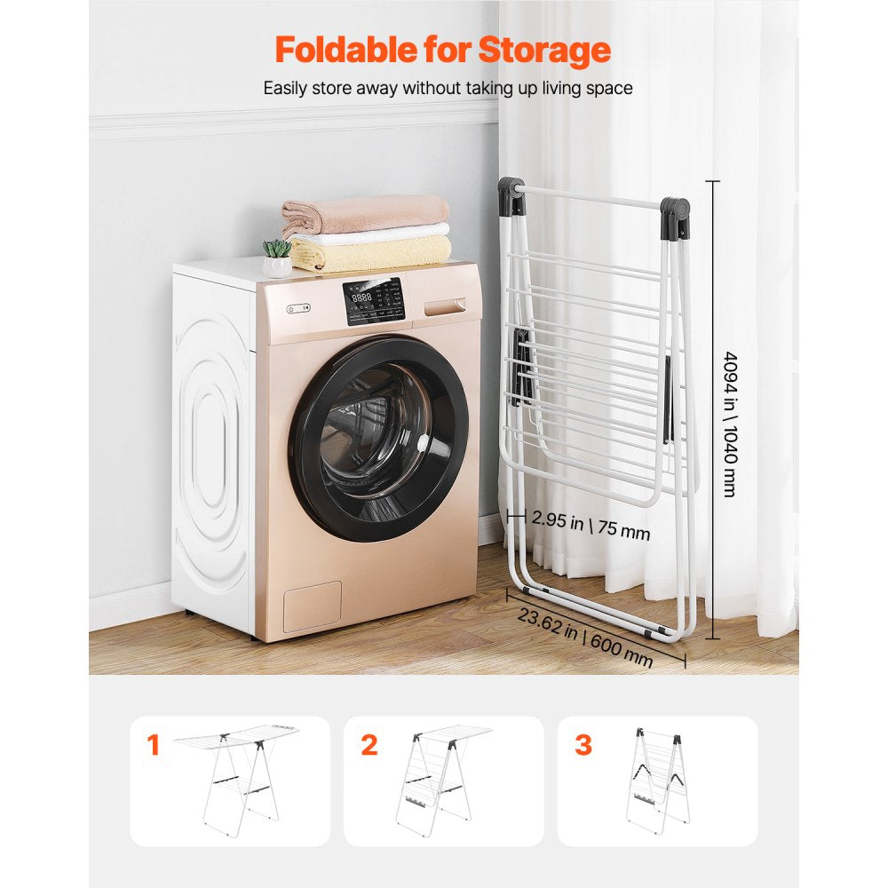 VEVOR Clothes Drying Rack, 2-Tier Foldable Laundry Dryer Rack with Sock Clips & 21 Drying Rods, Metal Height Adjustable Drying Racks for Outdoor & Indoor, Free-Standing & Space-Saving Hanger, White