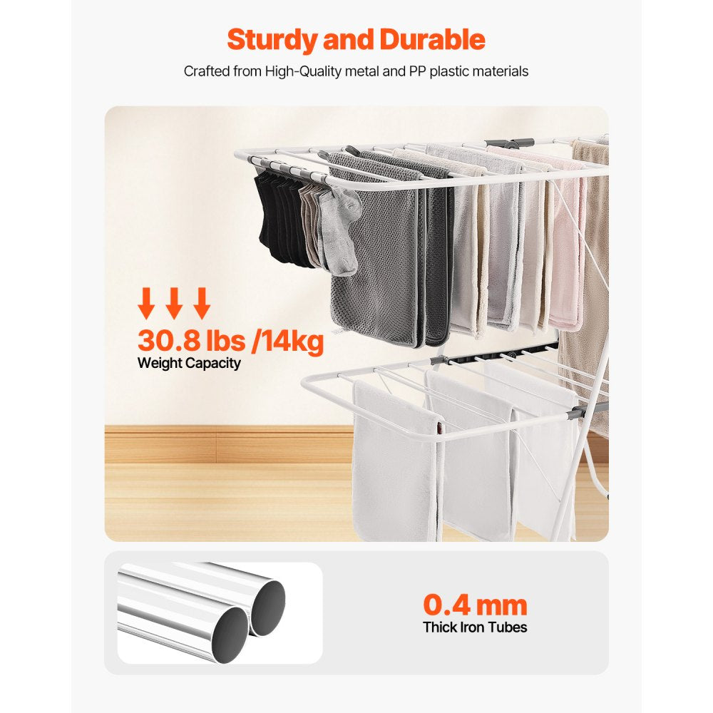 VEVOR Clothes Drying Rack, 2-Tier Foldable Laundry Dryer Rack with Sock Clips & 31 Dry Rods, Metal Height Adjustable Drying Racks for Outdoor & Indoor, Free-Standing & Space-Saving Hanger, White