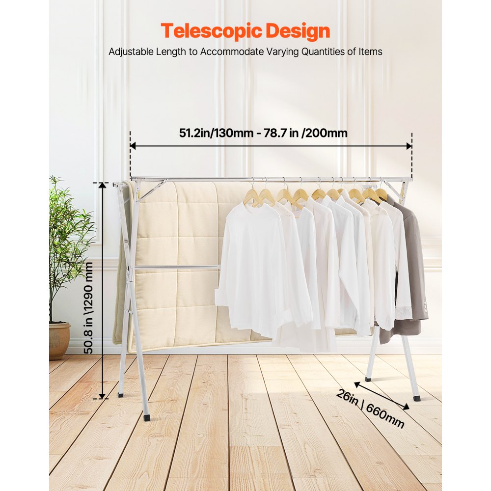 VEVOR Clothes Drying Rack, 2-Tier Telescopic Laundry Dryer Rack, Stainless Steel Drying Racks with 30 Windproof Holes and 2 Shoe Hooks, Free-Standing and Portable Hanger for Outdoor & Indoor Use
