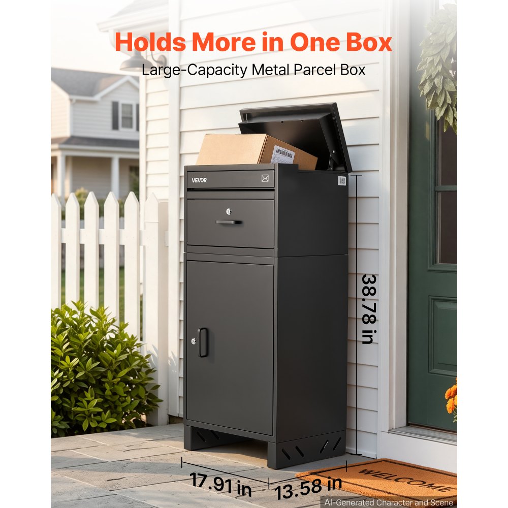 VEVOR Package Delivery Box for Outside 38.78 in Large Metal Parcel Drop Box, for Porch, Curbside & House Storage, Lockable Anti-Theft Waterproof Weatherproof, Thick Secure Mailbox for Outdoor, Black