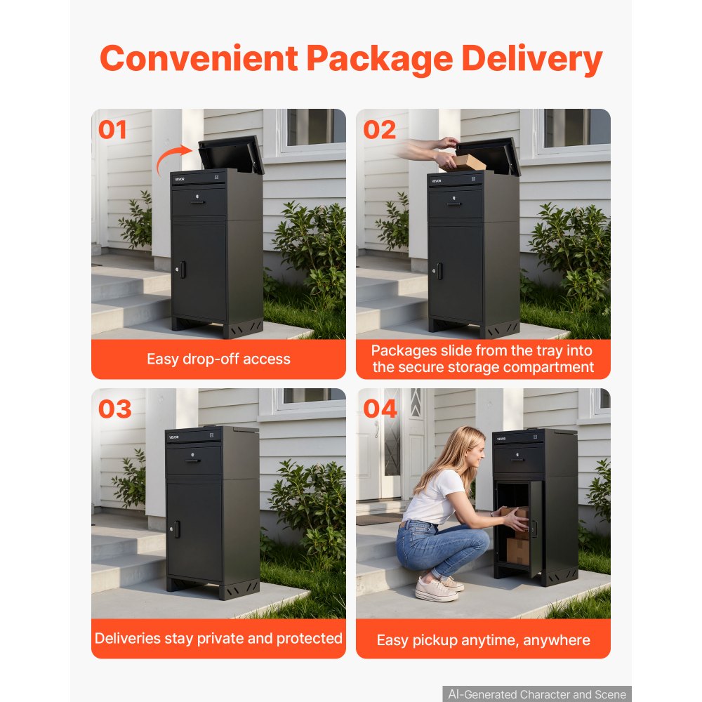 VEVOR Package Delivery Box for Outside 38.78 in Large Metal Parcel Drop Box, for Porch, Curbside & House Storage, Lockable Anti-Theft Waterproof Weatherproof, Thick Secure Mailbox for Outdoor, Black
