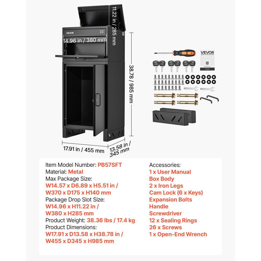 VEVOR Package Delivery Box for Outside 38.78 in Large Metal Parcel Drop Box, for Porch, Curbside & House Storage, Lockable Anti-Theft Waterproof Weatherproof, Thick Secure Mailbox for Outdoor, Black