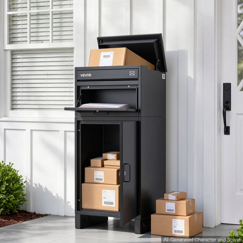 VEVOR Package Delivery Box for Outside 38.78 in Large Metal Parcel Drop Box, for Porch, Curbside & House Storage, Lockable Anti-Theft Waterproof Weatherproof, Thick Secure Mailbox for Outdoor, Black