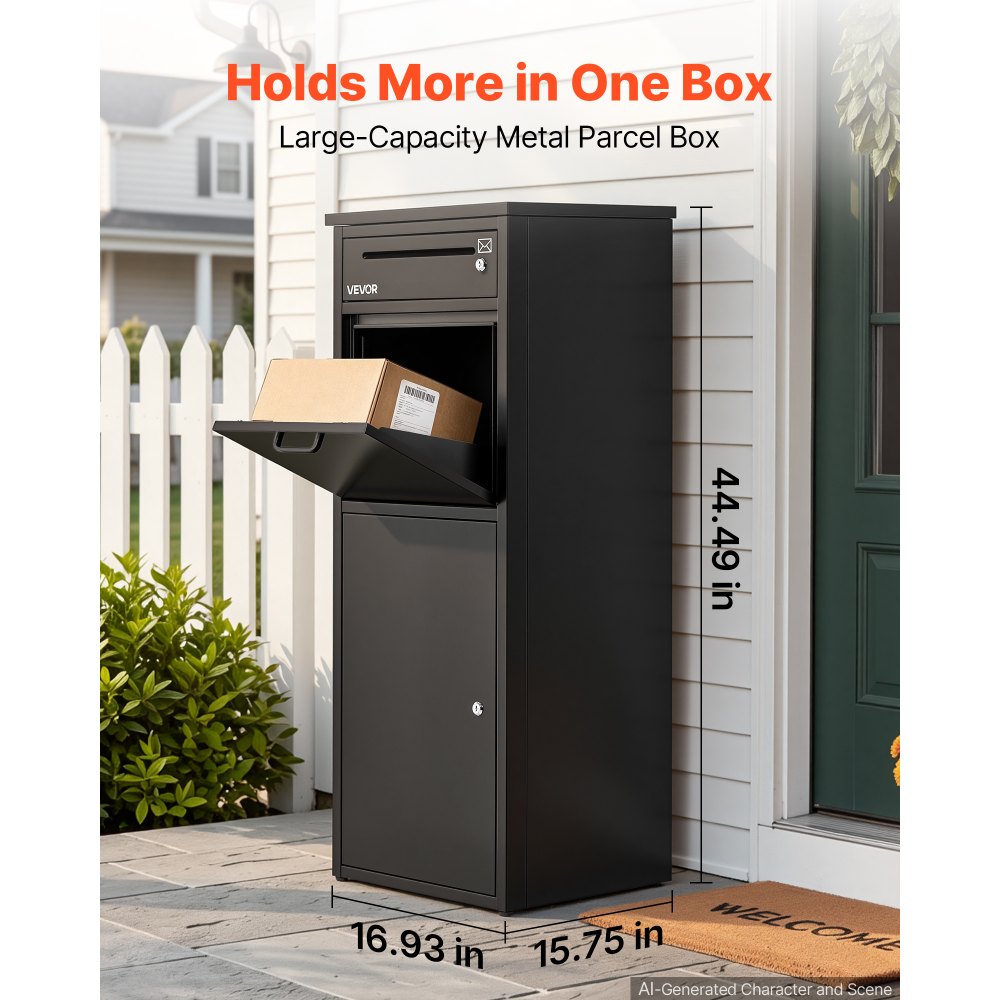 VEVOR Package Delivery Box for Outside 44.49 in Large Metal Parcel Drop Box, for Porch, Curbside & House Storage, Lockable Anti-Theft Waterproof Weatherproof, Thick Secure Mailbox for Outdoor, Black