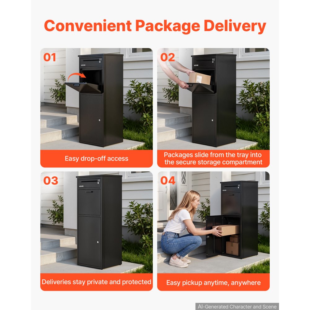 VEVOR Package Delivery Box for Outside 44.49 in Large Metal Parcel Drop Box, for Porch, Curbside & House Storage, Lockable Anti-Theft Waterproof Weatherproof, Thick Secure Mailbox for Outdoor, Black