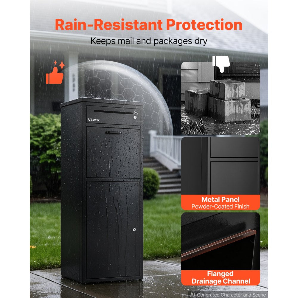 VEVOR Package Delivery Box for Outside 44.49 in Large Metal Parcel Drop Box, for Porch, Curbside & House Storage, Lockable Anti-Theft Waterproof Weatherproof, Thick Secure Mailbox for Outdoor, Black