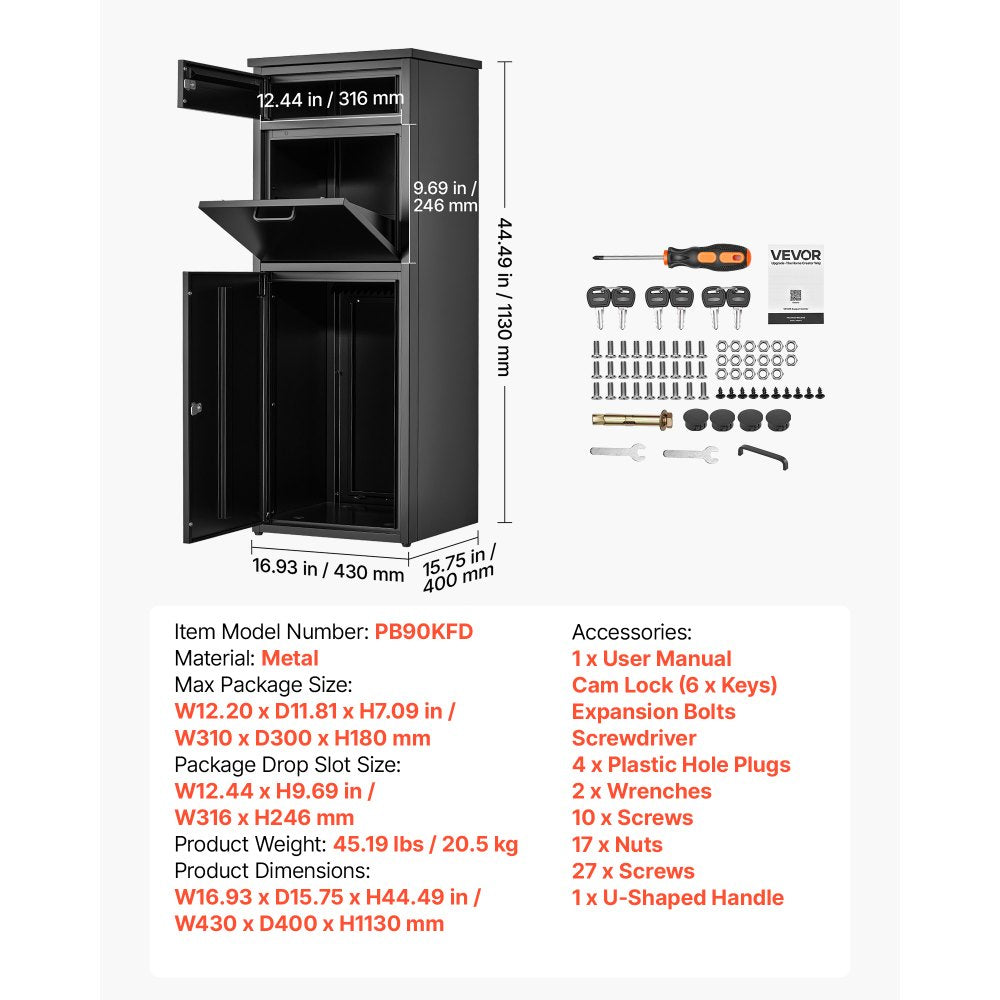 VEVOR Package Delivery Box for Outside 44.49 in Large Metal Parcel Drop Box, for Porch, Curbside & House Storage, Lockable Anti-Theft Waterproof Weatherproof, Thick Secure Mailbox for Outdoor, Black