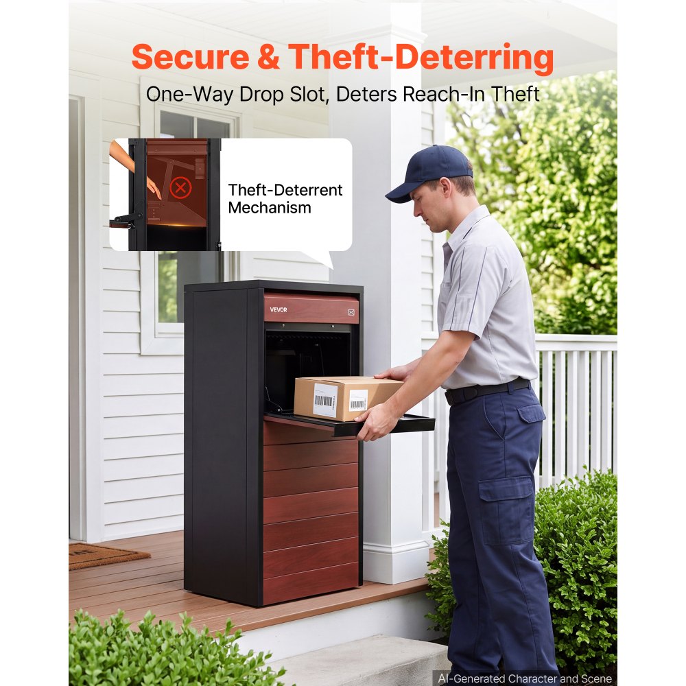 VEVOR Package Delivery Box for Outside 44.09 in Large Metal Parcel Drop Box, for Porch, Curbside & House Storage, Lockable Anti-Theft Waterproof Weatherproof, Secure Mailbox for Outdoor, Black & Brown