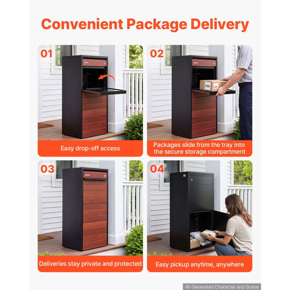 VEVOR Package Delivery Box for Outside 44.09 in Large Metal Parcel Drop Box, for Porch, Curbside & House Storage, Lockable Anti-Theft Waterproof Weatherproof, Secure Mailbox for Outdoor, Black & Brown