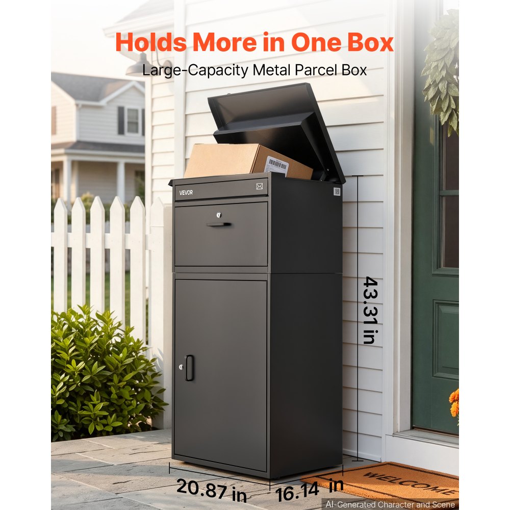 VEVOR Package Delivery Box for Outside 43.31 in Large Metal Parcel Drop Box, for Porch, Curbside & House Storage, Lockable Anti-Theft Waterproof Weatherproof, Thick Secure Mailbox for Outdoor, Black