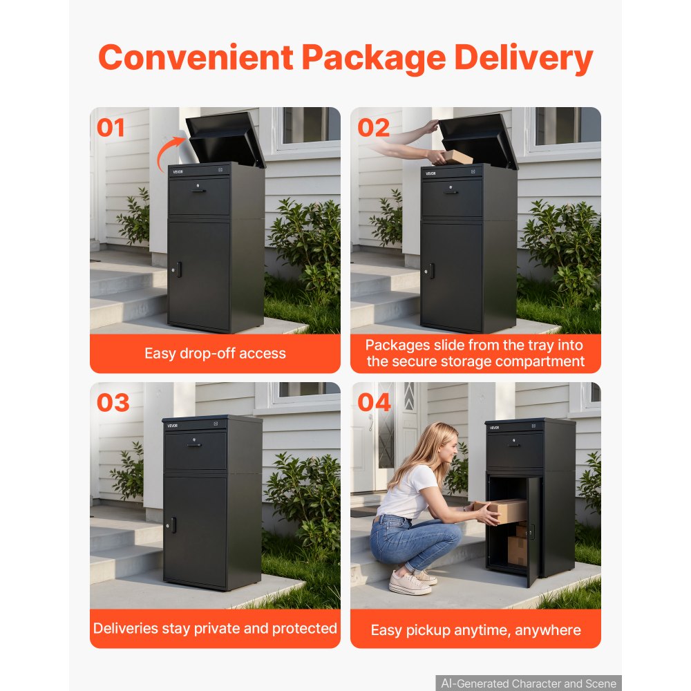 VEVOR Package Delivery Box for Outside 43.31 in Large Metal Parcel Drop Box, for Porch, Curbside & House Storage, Lockable Anti-Theft Waterproof Weatherproof, Thick Secure Mailbox for Outdoor, Black