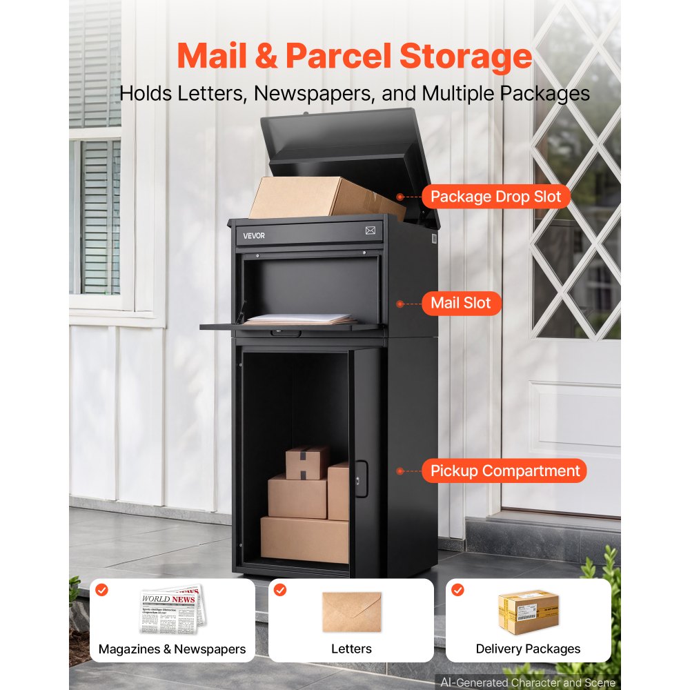 VEVOR Package Delivery Box for Outside 43.31 in Large Metal Parcel Drop Box, for Porch, Curbside & House Storage, Lockable Anti-Theft Waterproof Weatherproof, Thick Secure Mailbox for Outdoor, Black