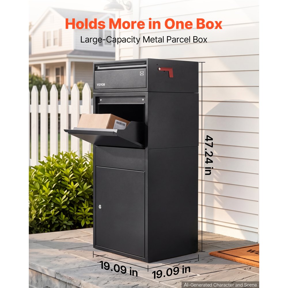 VEVOR Package Delivery Box for Outside 47.24 in Large Metal Parcel Drop Box, for Porch, Curbside & House Storage, Lockable Anti-Theft Waterproof Weatherproof, Thick Secure Mailbox for Outdoor, Black