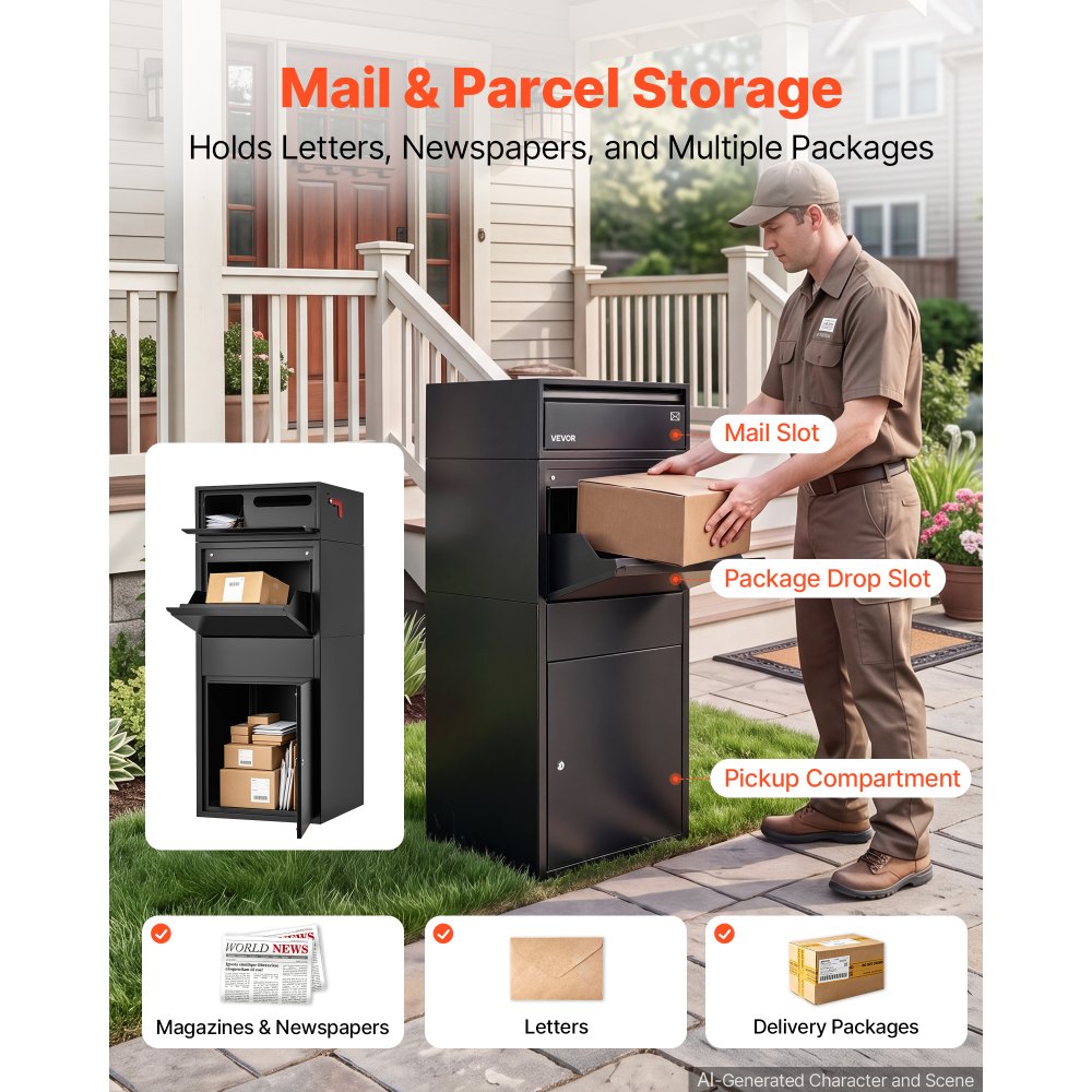 VEVOR Package Delivery Box for Outside 47.24 in Large Metal Parcel Drop Box, for Porch, Curbside & House Storage, Lockable Anti-Theft Waterproof Weatherproof, Thick Secure Mailbox for Outdoor, Black