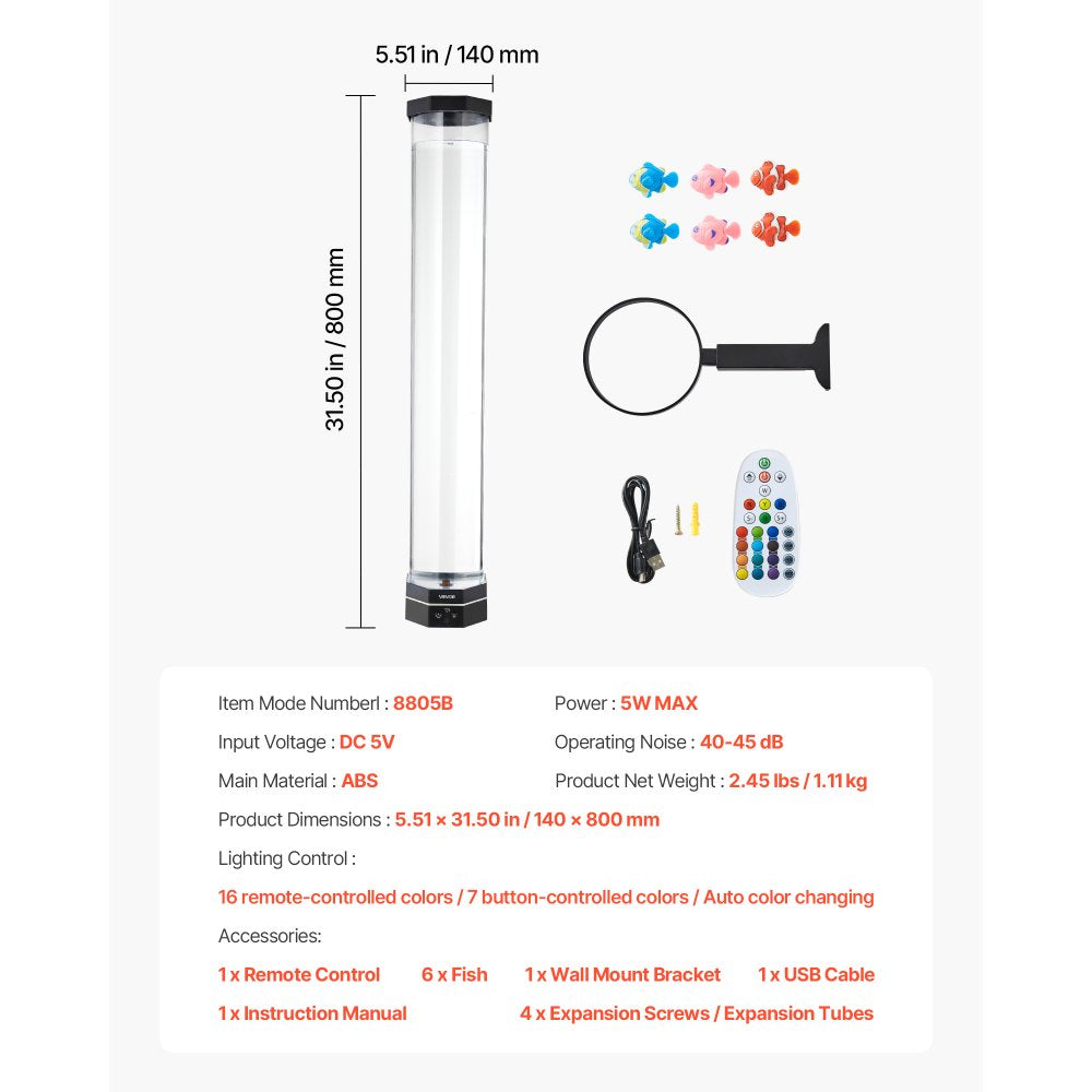 VEVOR Sensory Bubble Tube Lamp, 2.67 ft Bubble Fish Tube, Sensory Aquarium Lamp with 6 Floating Fish & 16 Color Effects, Remote Control, Stress Relief Calming Light for Bedroom Living Room Home Decor