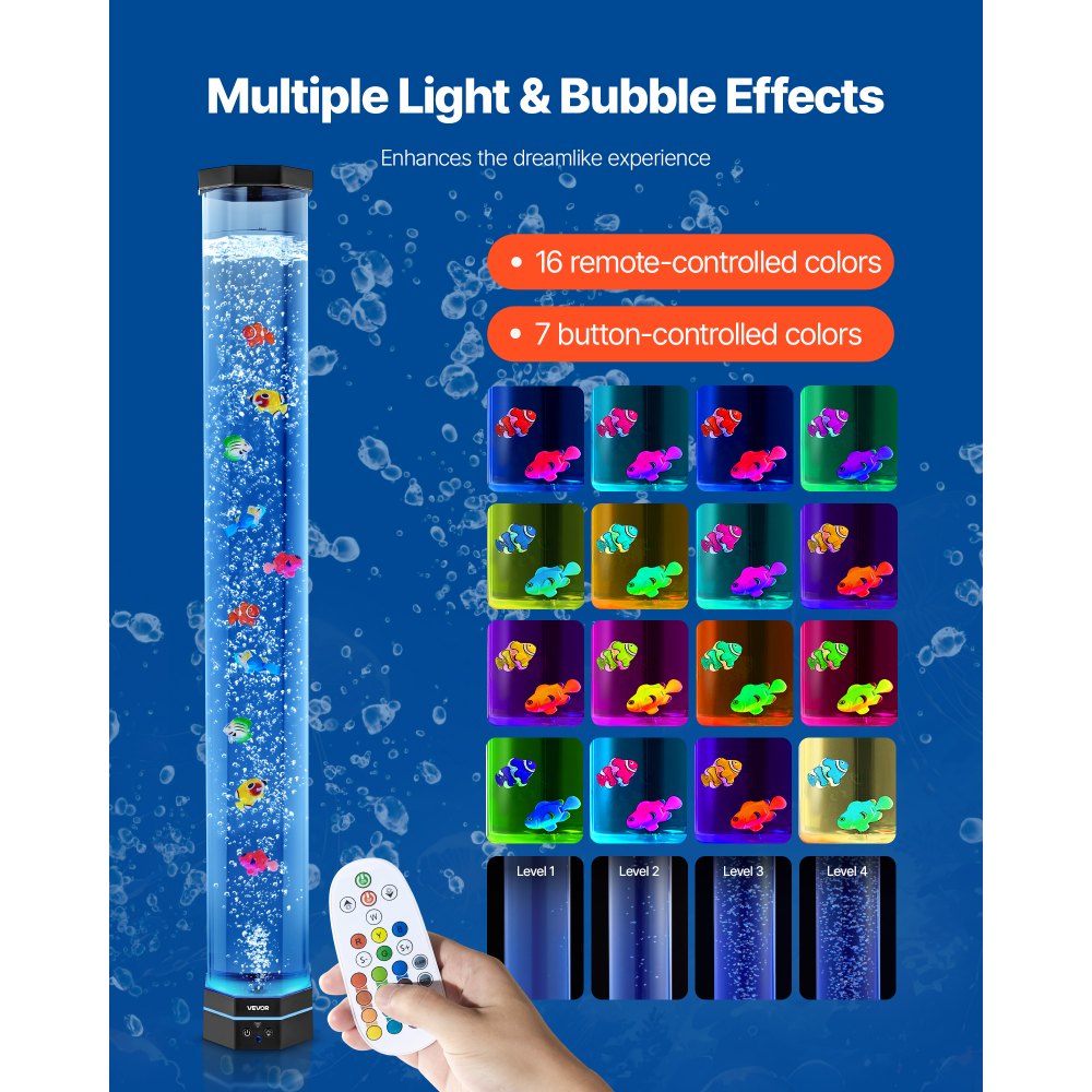 VEVOR Sensory Bubble Tube Lamp, 3.3 ft Bubble Fish Tube, Sensory Aquarium Lamp with 10 Floating Fish & 16 Color Effects, Remote Control, Stress Relief Calming Light for Bedroom Living Room Home Decor